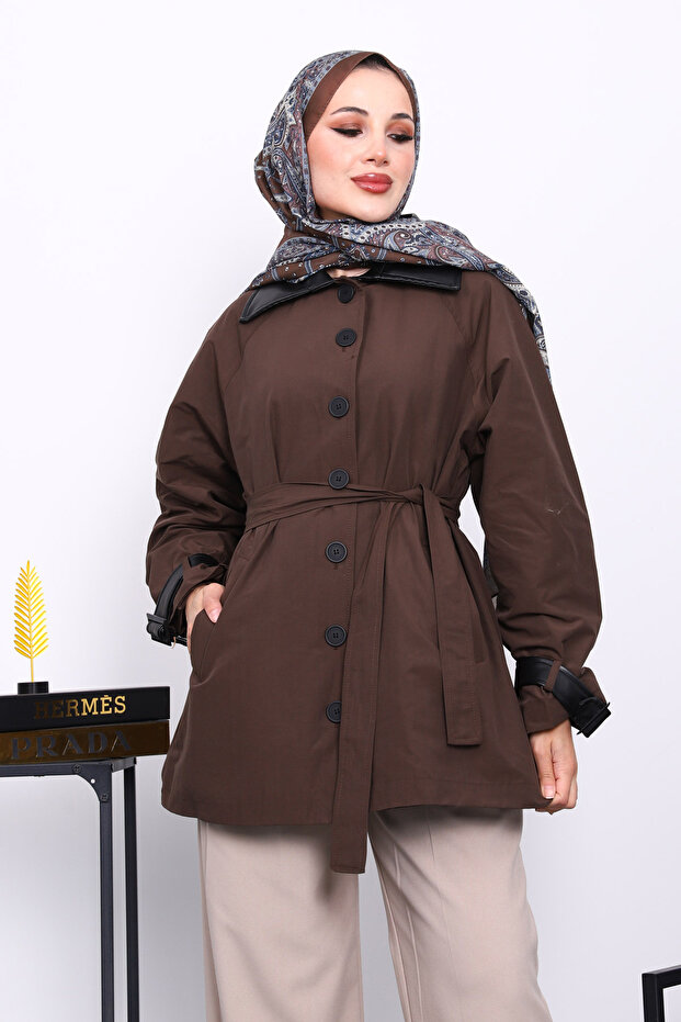 Brown Leather Detailed Belted Trench Coat