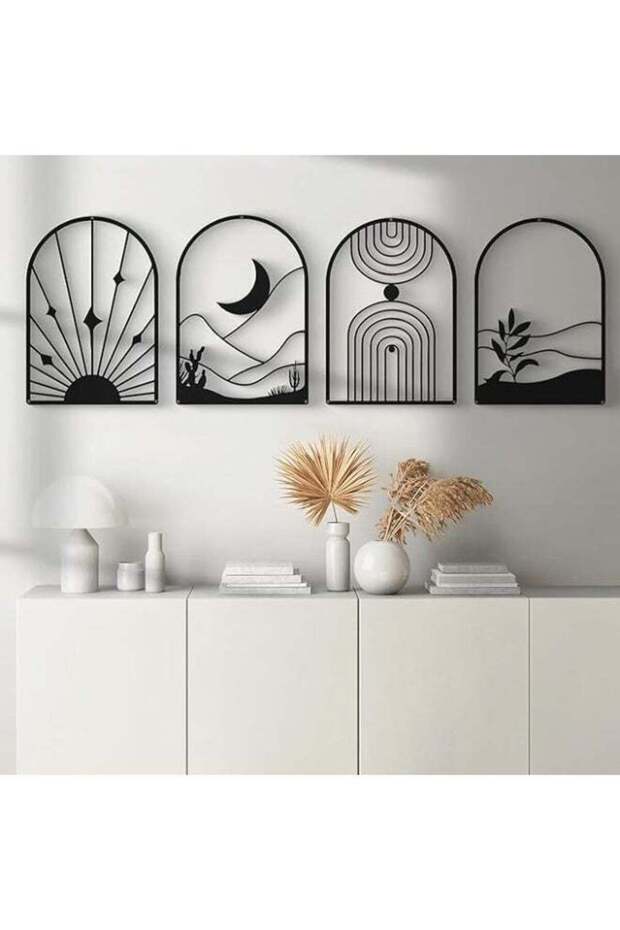 Wooden Wall Art With Self Adhesive Base - Black (Glamativity Abstract Frames - Pack of 4)