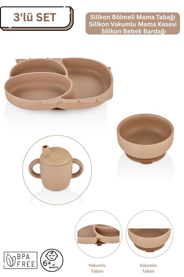 3-Piece Silicone Baby Feeding Set / Compartmented Food Plate / Food Bowl / Baby Cup - Moka