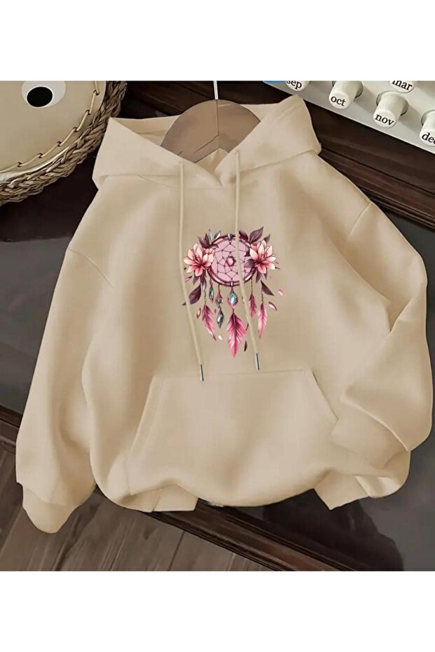 Floral Print Detailed Hooded Sweatshirt with Fleece Inside