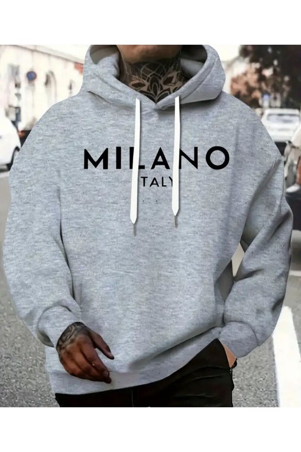 Milano K Hooded Sweatshirt with Text Detail and Fleece Inside