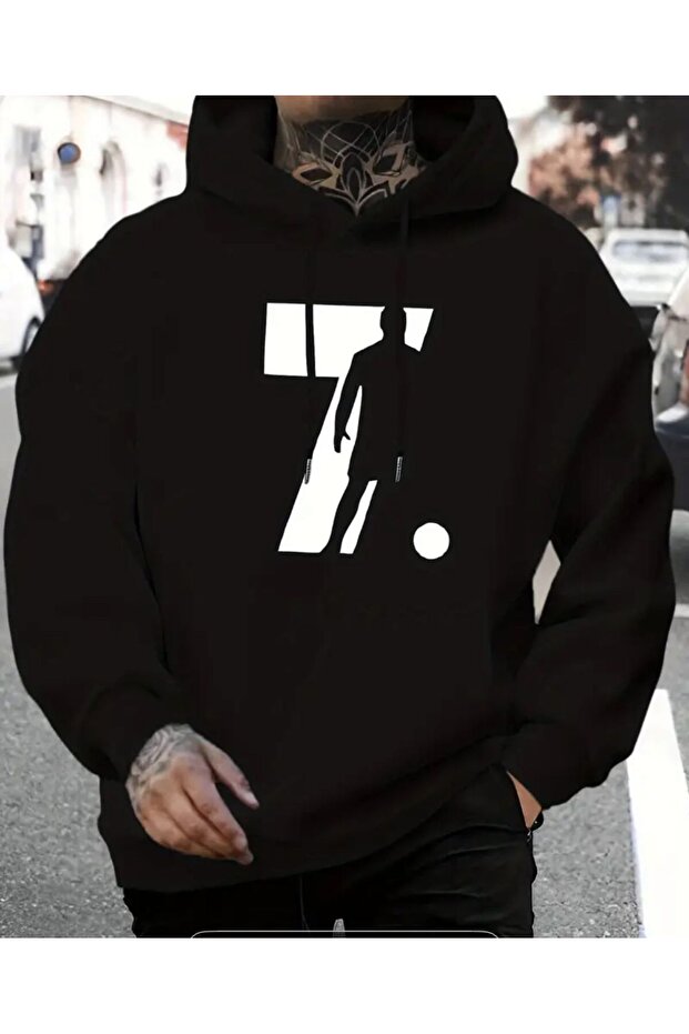 Printed Detailed Hooded Sweatshirt with Fleece Inside