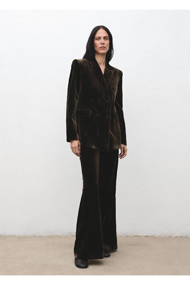 Kadife çift düğmeli kumaş blazer ceket - 2
