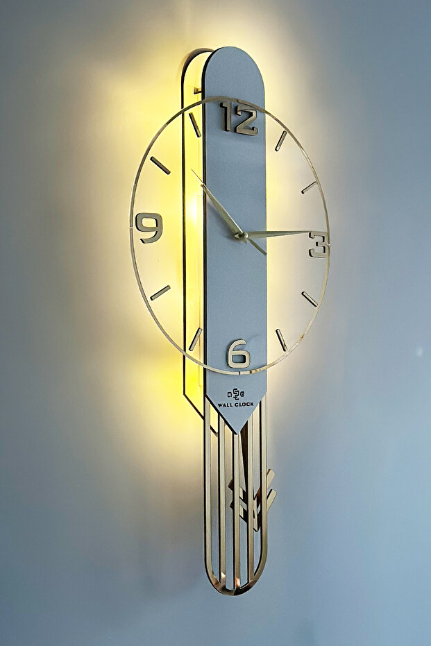 Long Rectangular Clock SARKAÇLI IŞIKLI 65cm BEYAZ GOLD - 1