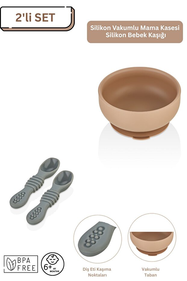 2-Piece Silicone Baby Feeding Set / Food Bowl / Feeding Spoon - Moka