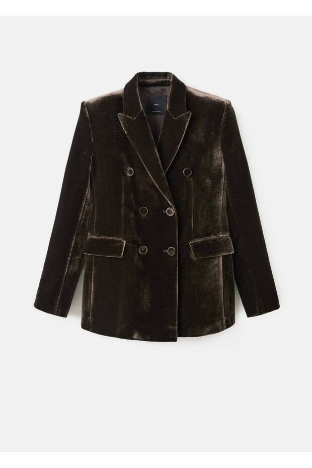 Kadife çift düğmeli kumaş blazer ceket - 3