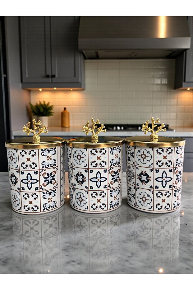 Spice Jar Cylinder Set of 3 Metal Coffee Corner Ceramic Pattern 750 ml Coral Gold - Feray Home