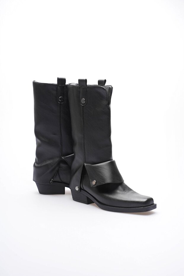 Women's Leather Cowboy Boots Blunt Toe Bellows Black Texara