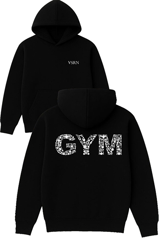Gym Moves Design Printed Oversized Black Hooded Sweatshirt