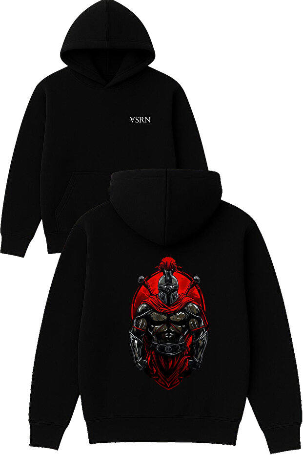 Şovalye Zırhmeli Design Printed Oversized Black Hooded Sweatshirt