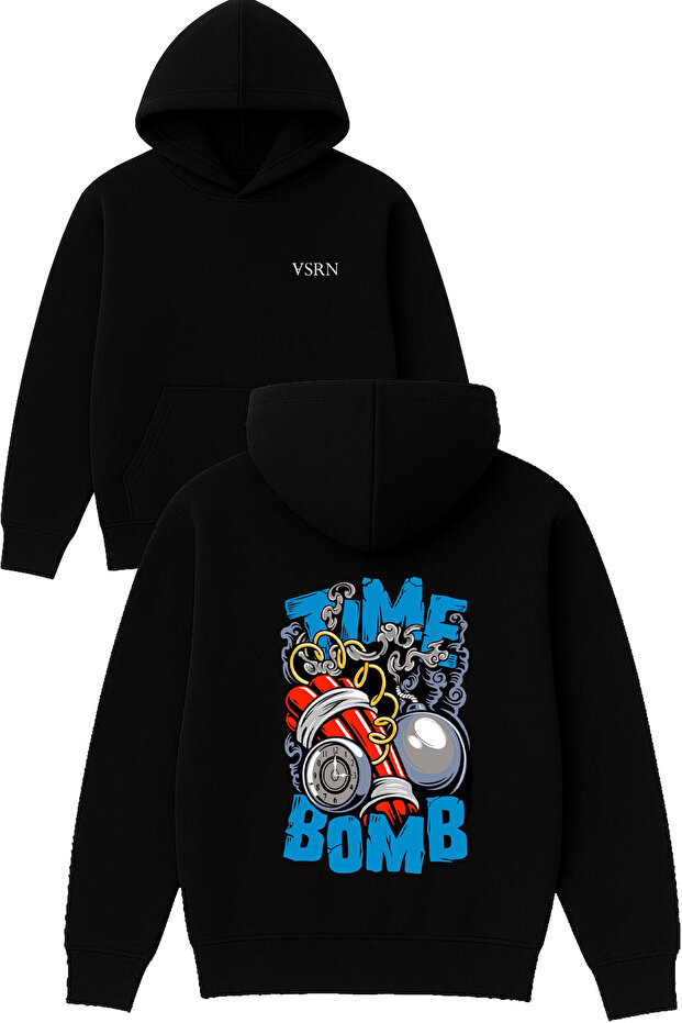 Time Bomb Design Printed Oversized Black Hooded Sweatshirt