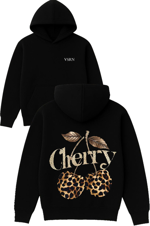 Cherry Leopard Print Cherry Design Printed Oversized Black Hooded Sweatshirt