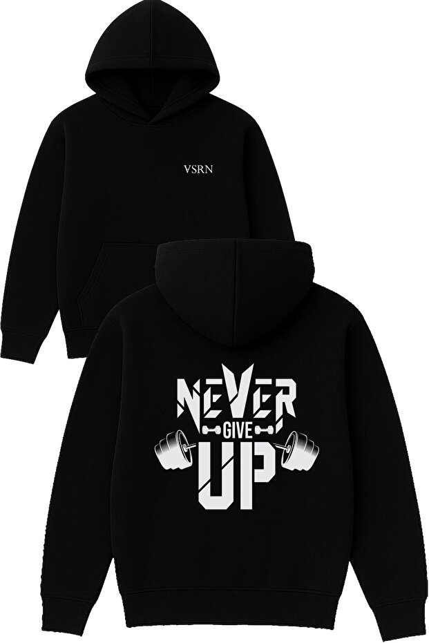 Never Give up 1 Design Printed Oversized Black Hooded Sweatshirt