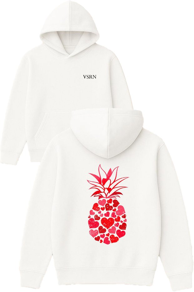 Heart-Shaped Pineapple Design Printed Oversized White Hooded Sweatshirt