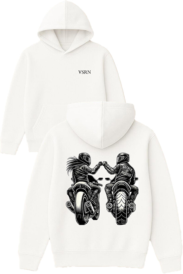 Motorcycle Rider Male Female Design Printed Oversized White Hooded Sweatshirt