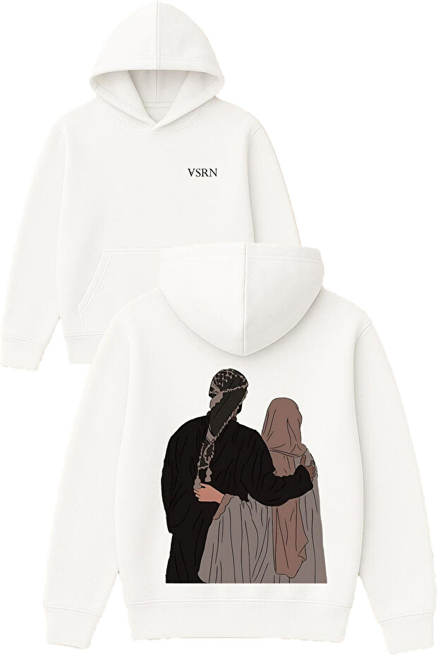 Happy Beautiful Couple Design Printed Oversized White Hooded Sweatshirt