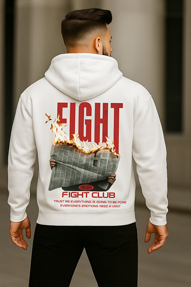 قميص رياضي أبيض للجنسين بغطاء رأس قصة فضفاضة FIGHT CLUP طباعة على الظهر