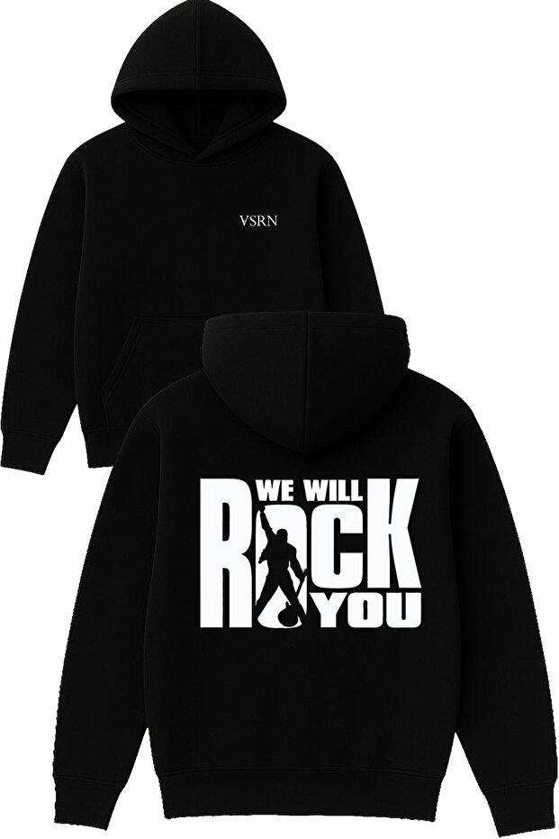 We Will Rock You Design Printed Oversized Black Hooded Sweatshirt