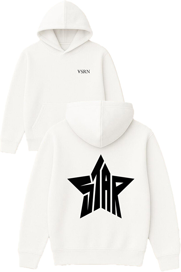 Star Star Design Printed Oversized White Hooded Sweatshirt