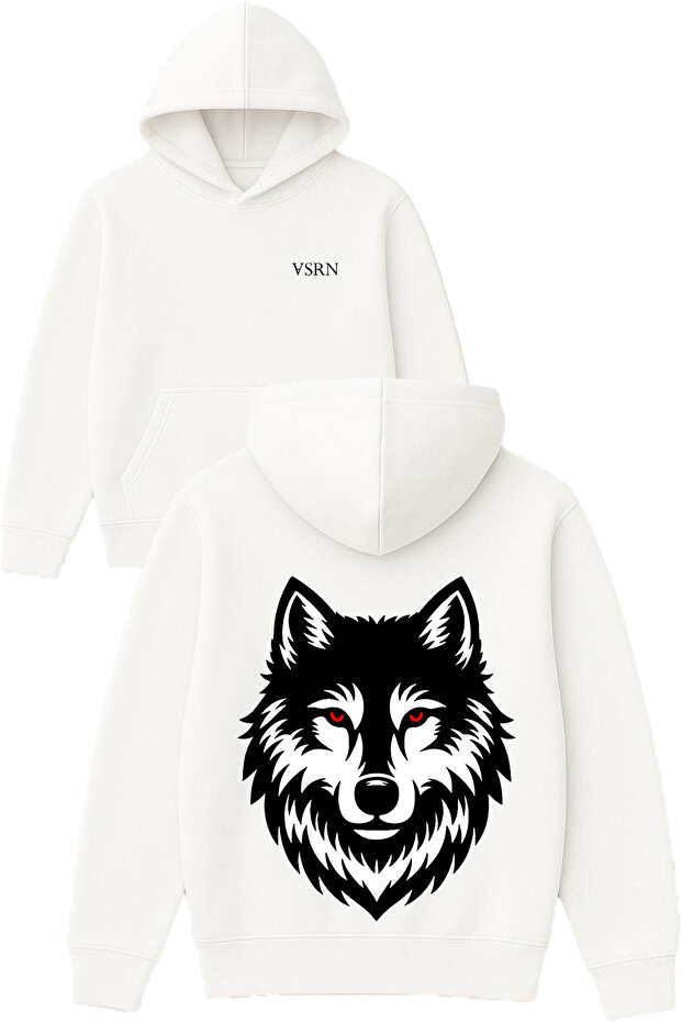 Wolf Red-Eyed Design Printed Oversized White Hooded Sweatshirt