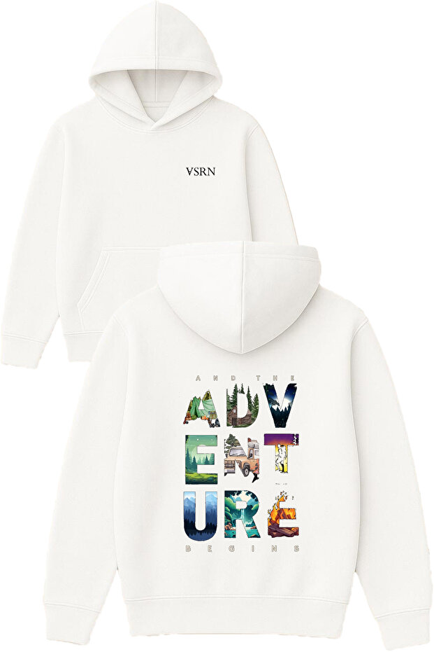 Adventure Nature Design Printed Oversized White Hooded Sweatshirt