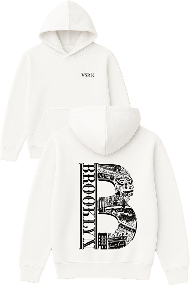 Brooklyn Design Printed Oversized White Hooded Sweatshirt