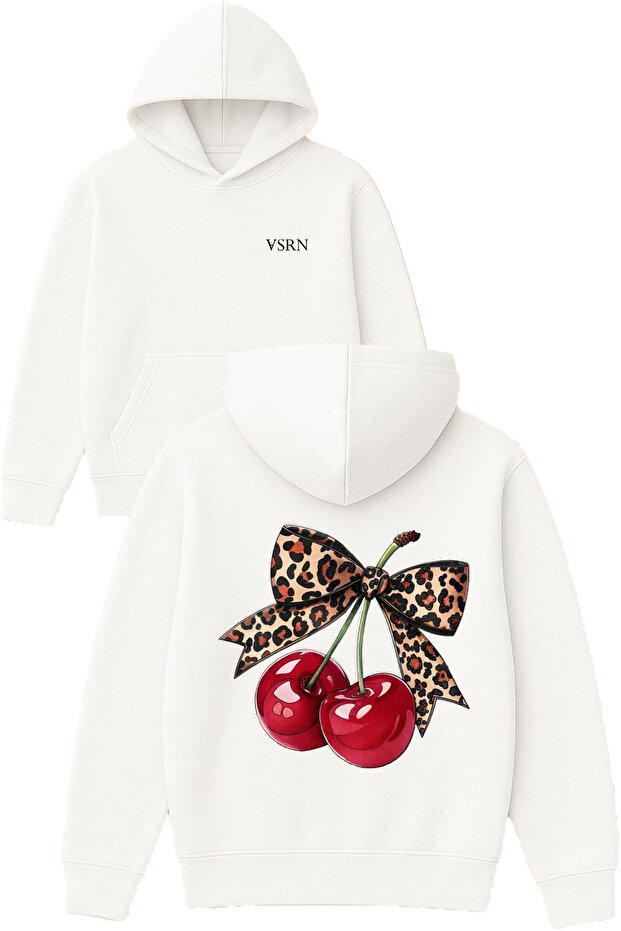 Leopard Ribbon Cherry Design Printed Oversized White Hooded Sweatshirt