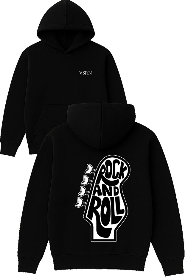 Rock Adn Roll Design Printed Oversized Black Hooded Sweatshirt