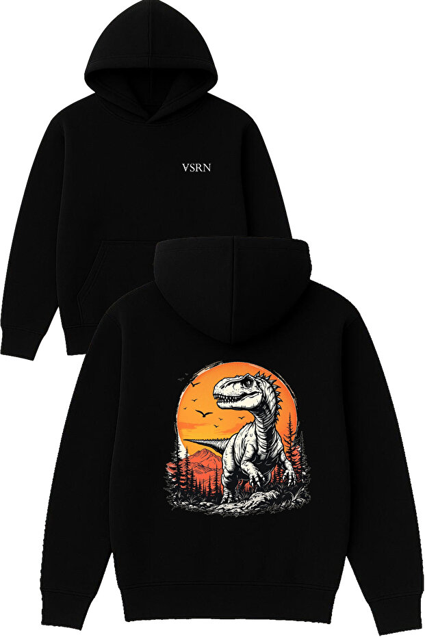 Dinosaur and Nature Design Printed Oversized Black Hooded Sweatshirt