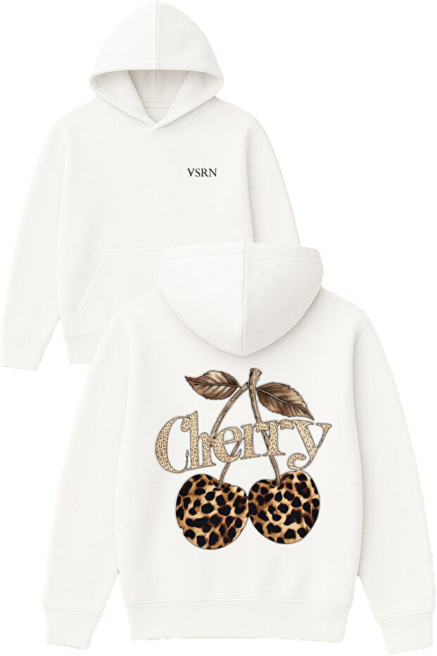 Cherry Leopard Print Cherry Design Printed Oversized White Hooded Sweatshirt