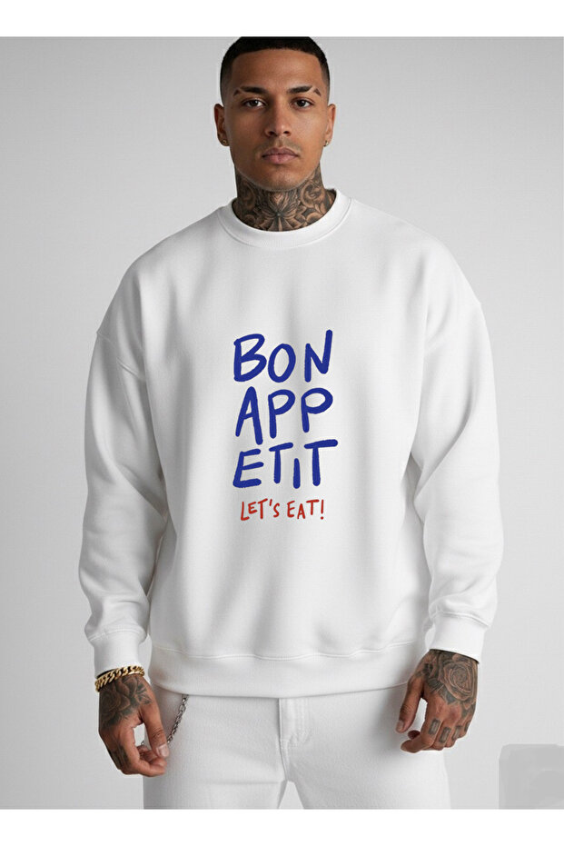 سويت شيرت أبيض برقبة دائرية مطبوع عليه Bonappetit للجنسين قصة فضفاضة