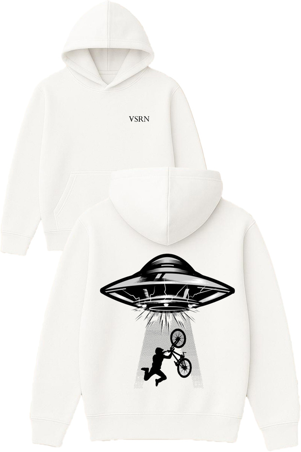 Ufo Pulling Bike Design Printed Oversized White Hooded Sweatshirt