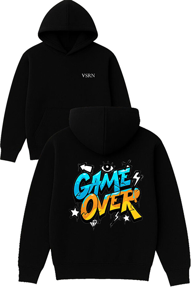 Game over Blue Orange Design Printed Oversized Black Hooded Sweatshirt