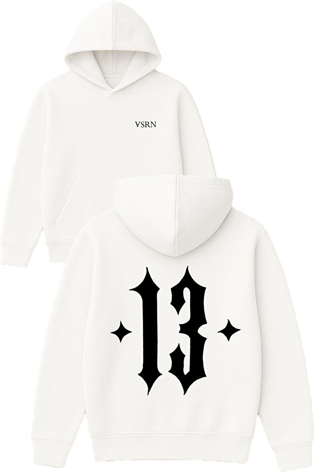 Number 13 Design Printed Oversized White Hooded Sweatshirt