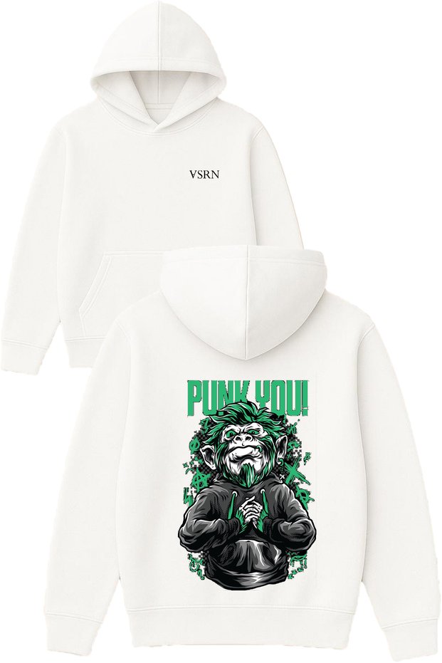 Punk You Design Printed Oversized White Hooded Sweatshirt