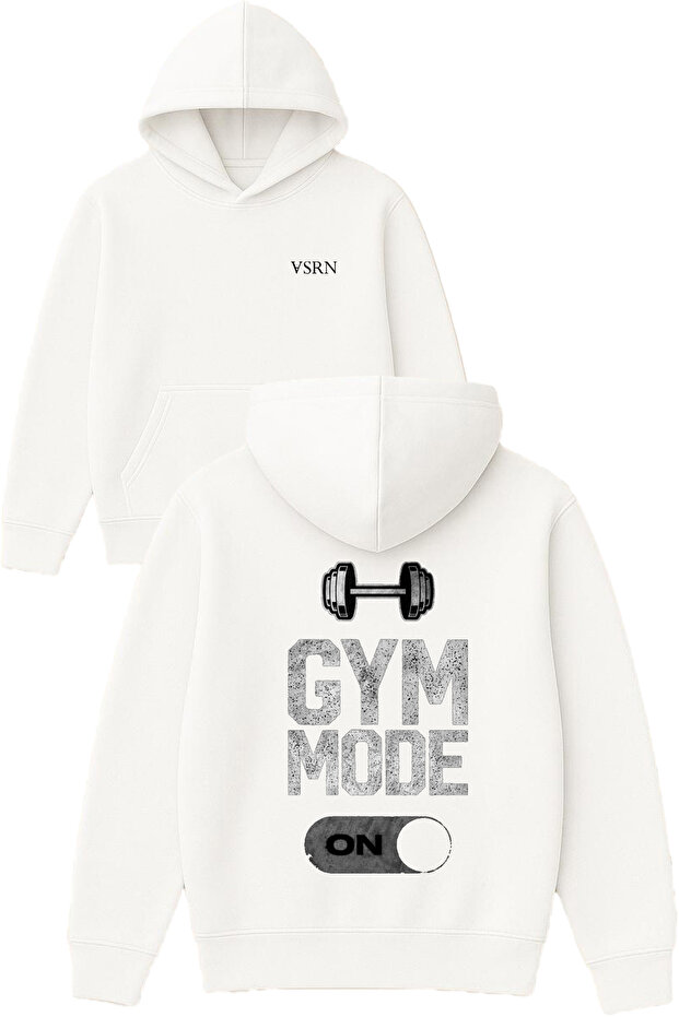 Gym Mode on Design Printed Oversized White Hooded Sweatshirt