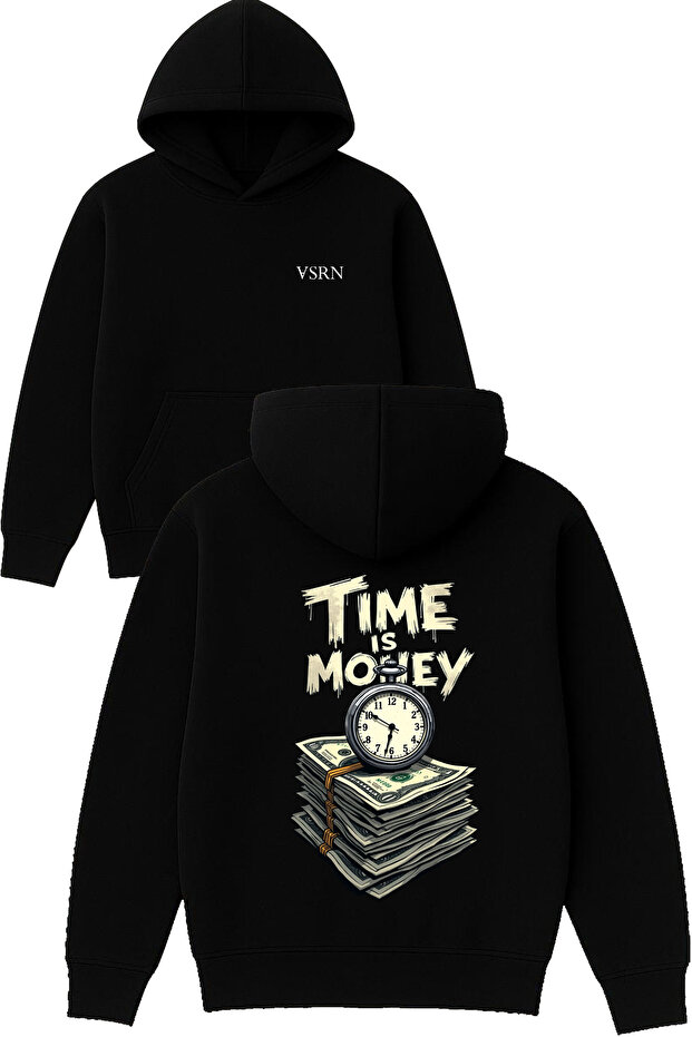 Time Is Money Design Printed Oversized Black Hooded Sweatshirt