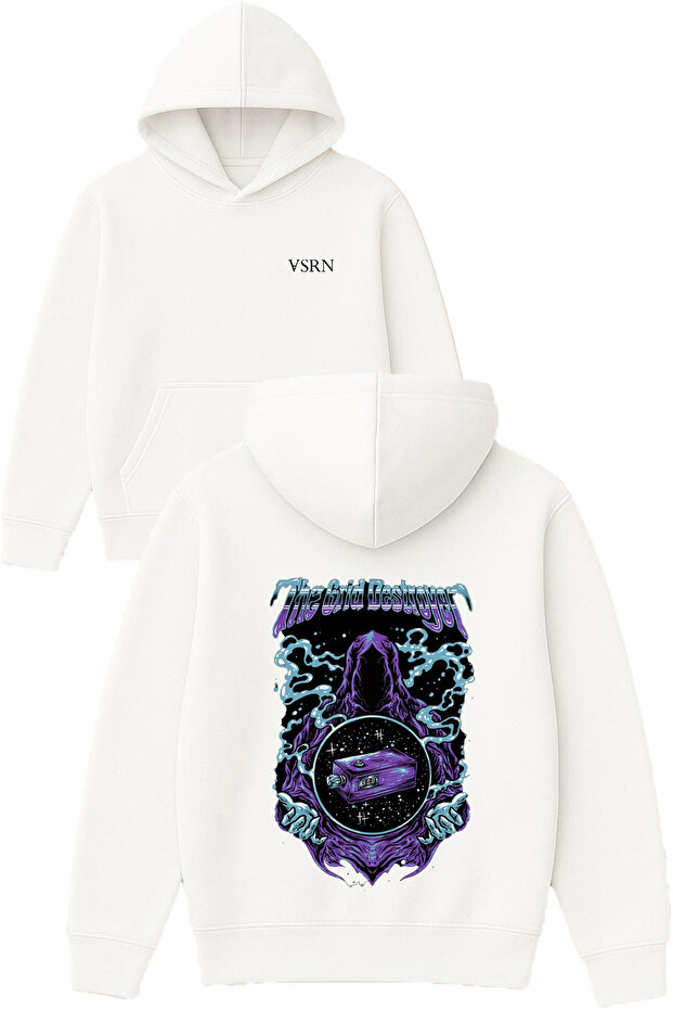 The Grid Design Printed Oversized White Hooded Sweatshirt