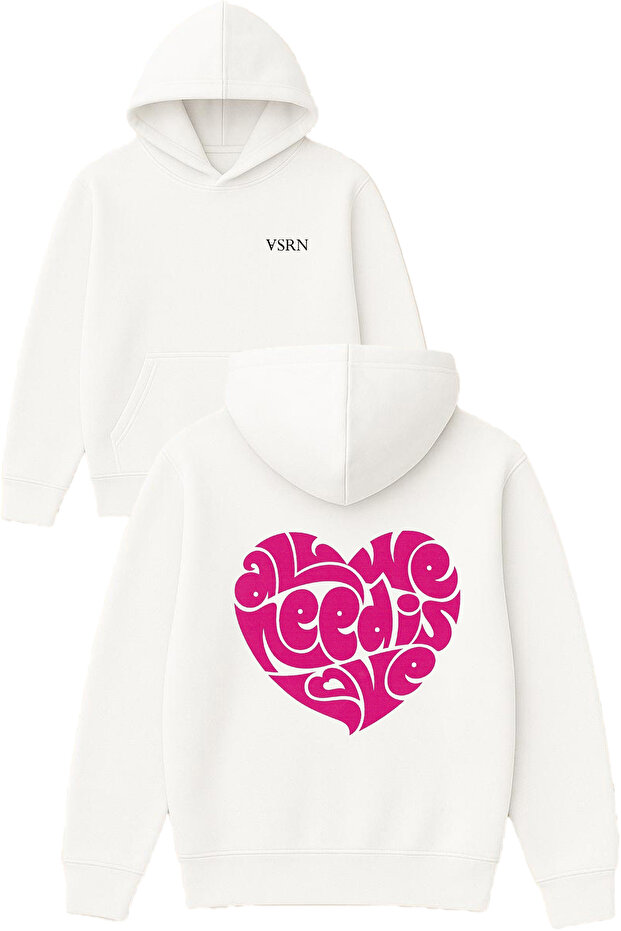 All We Needis Rave Design Printed Oversized White Hooded Sweatshirt