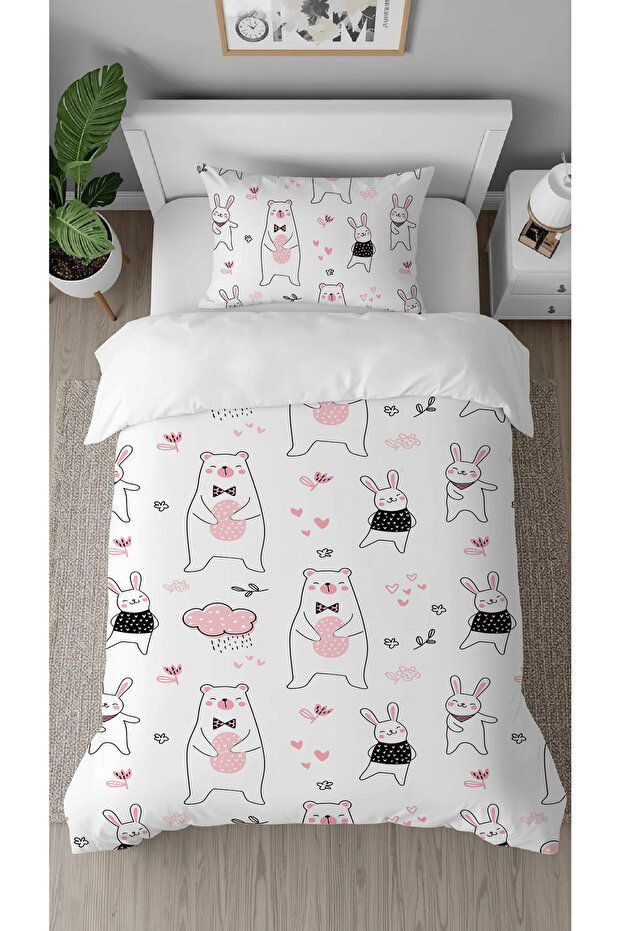 Cute Teddy Bear Rabbit Patterned Printed Specially Designed Modern Stylish Children's Duvet Cover Set Without Sheets