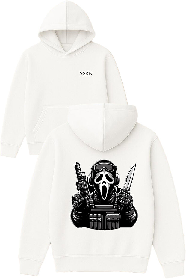 Ghost Commando Design Printed Oversized White Hooded Sweatshirt