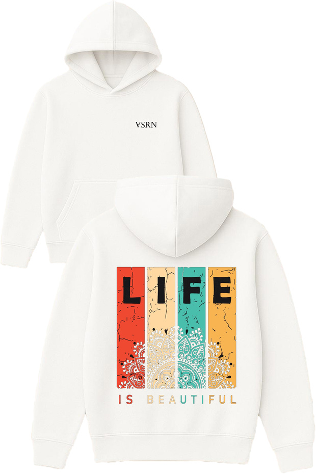 Life Is Beautiful Design Printed Oversized White Hooded Sweatshirt