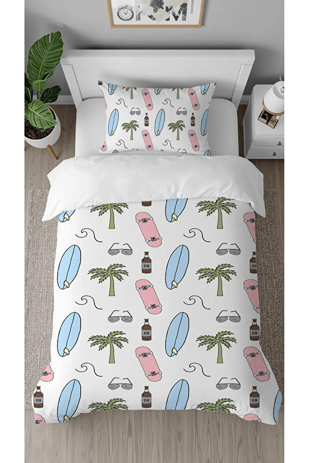 Palm Summer Patterned Printed Special Design Single Person Modern White Style Stylish Duvet Cover Set Without Sheets