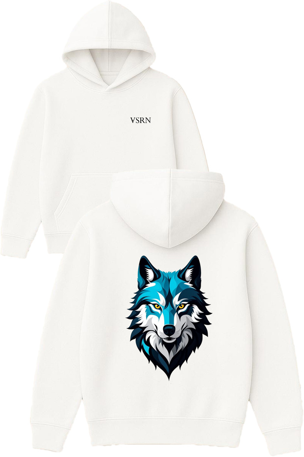 Blue Wolf Design Printed Oversized White Hooded Sweatshirt