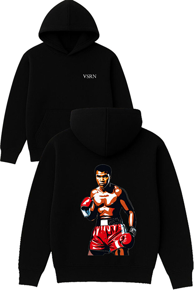 Muhammad Ali Design Printed Oversized Black Hooded Sweatshirt