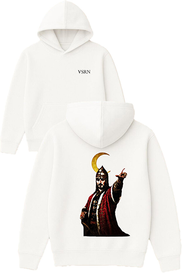 Ottoman Crescent Design Printed Oversized White Hooded Sweatshirt