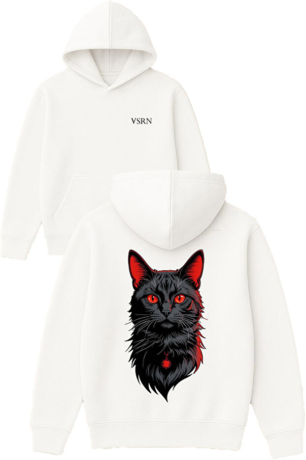 Red Black Cat Design Printed Oversized White Hooded Sweatshirt