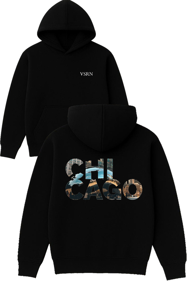Chıcago World Design Printed Oversized Black Hooded Sweatshirt