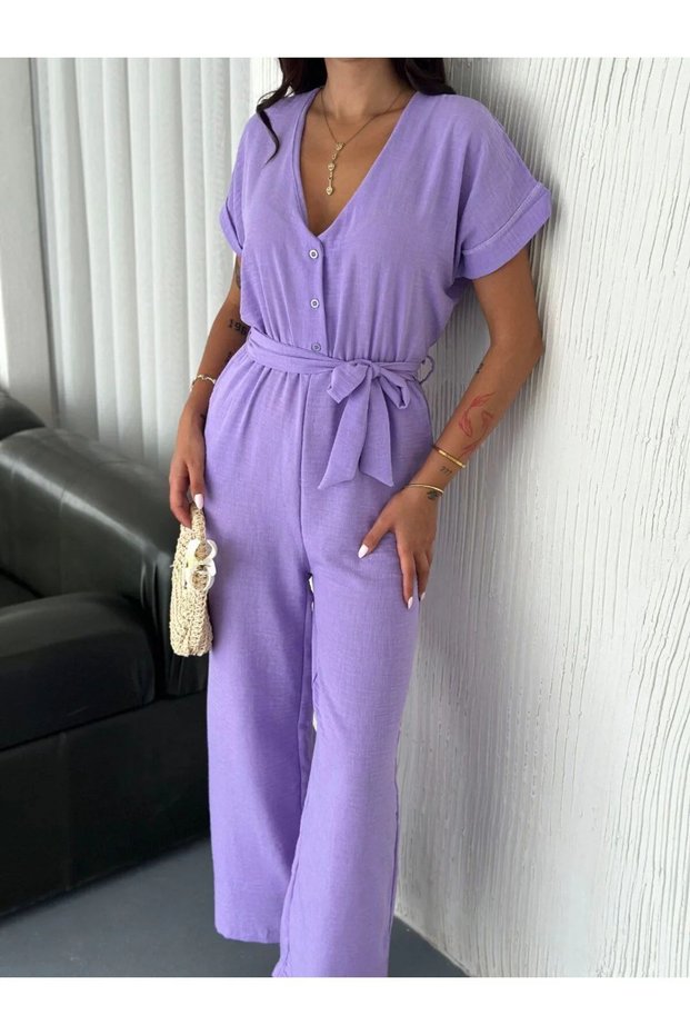 Women's Lilac V-Neck Buttoned Pocketed Belted Short Sleeve Wide Leg Palazzo Linen Fabric Jumpsuit