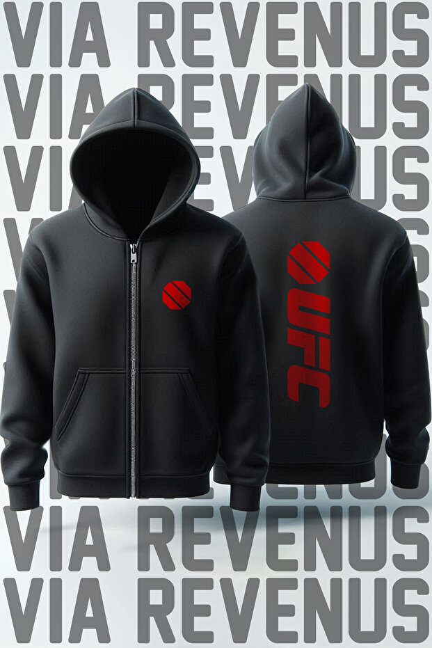 Ufc Printed Unisex 3 Thread K Hooded Zippered Sweatshirt Cardigan